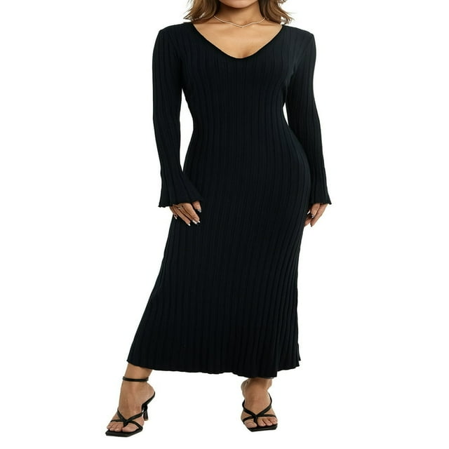 Women Long Sleeve Bodycon Sweater Dress Ribbed Knit Slim Fit Maxi Long Dress