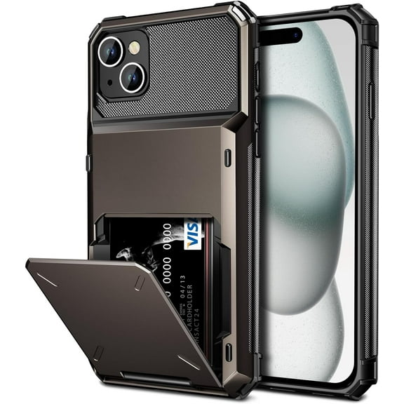 Case Compatible with iPhone 15 Plus with Card Holder 4-Card Dual Layer Heavy Duty Shockproof Wallet Case Hidden Flip Card Slot Protective Hard Back Cover Case for iPhone 15 Plus 6.7'' GunColor