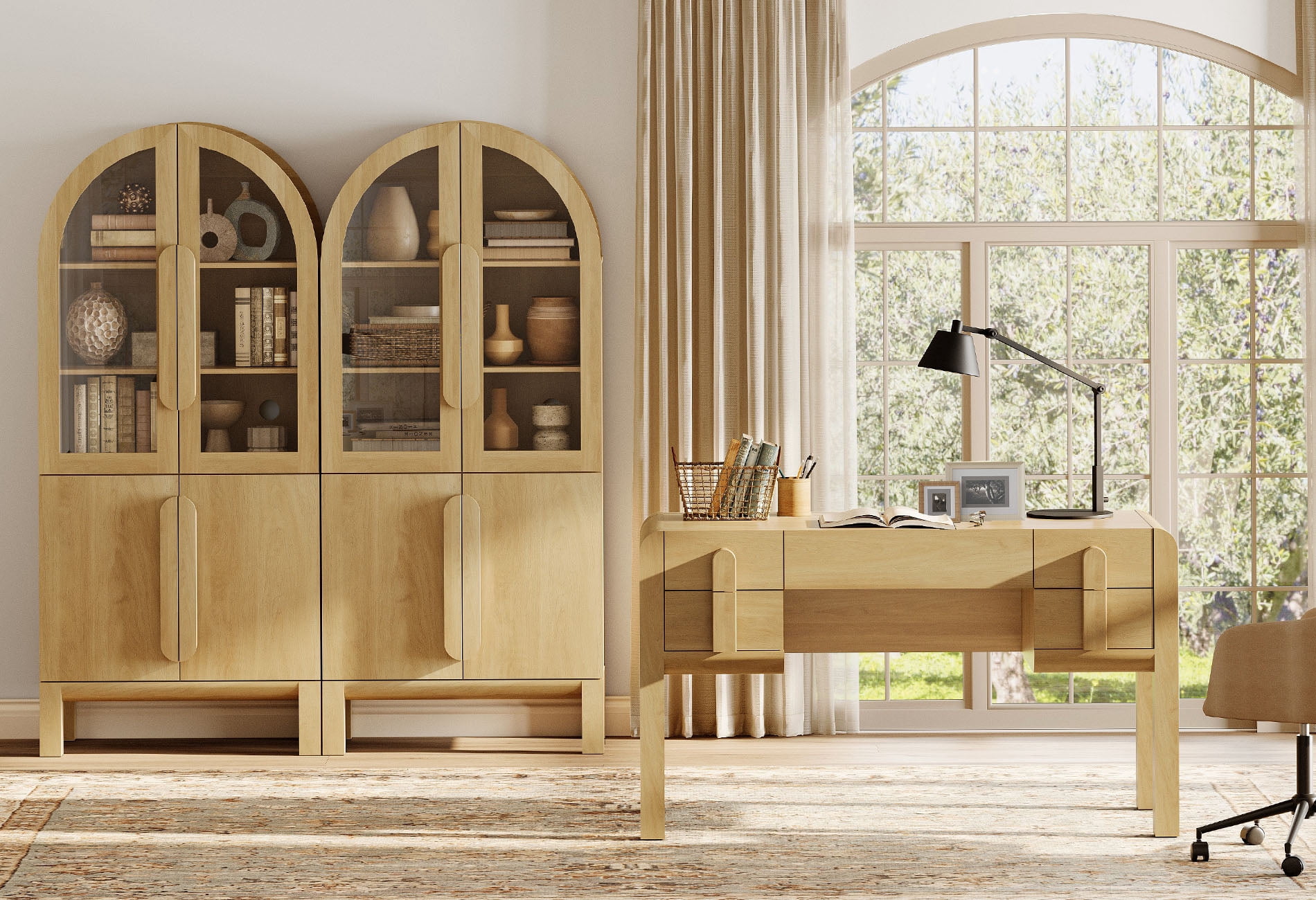 Home Office Set, 53.5" Modern Executive Desk with Charging Station and Drawers & 2 Piece 71"H Tall 3-Tier Arched Bookcases with Glass Door for Living Room, Bedroom, Home Office