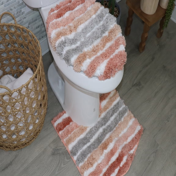 Toilet Rug Set of 2, Soft Microfiber Bathroom Mats with Contour Rug and Lid Cover, Absorbent & Quick Drying, Non-Slip, Machine Washable – 18x18, 20x20 for Toilet & Bathroom Coral