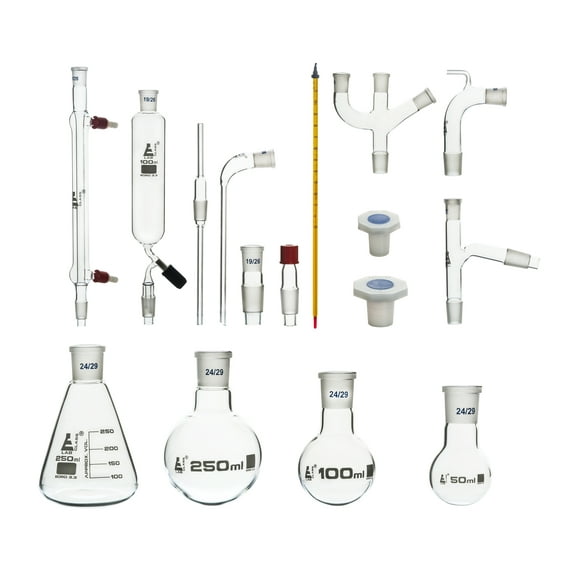 EISCO Advanced Organic Chemistry Distillation Glassware Set - 17 Piece, 22 Interchangeable Fittings - Borosilicate Glass - Packed in Plastic Case
