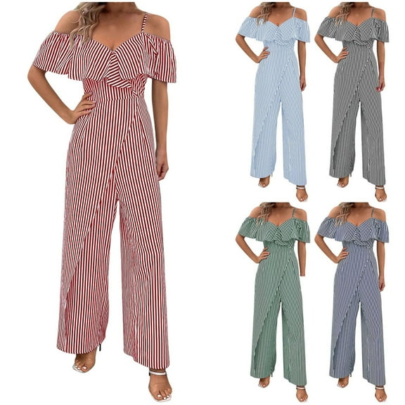 ZZwxWA Womens Rompers Ruffle Trim Cold Shoulder Short Sleeve Empire Waist Stripe Print Wide Leg Jumpsuit Pants Cocktail Party