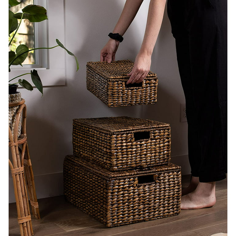 HBlife Wicker Baskets, Set of 3 Hand-Woven Paper Rope Storage Baskets,  Foldable Cubby Storage Bins, Large Wicker Storage Basket for Shelves Pantry  Organizing & Decor, Brown 