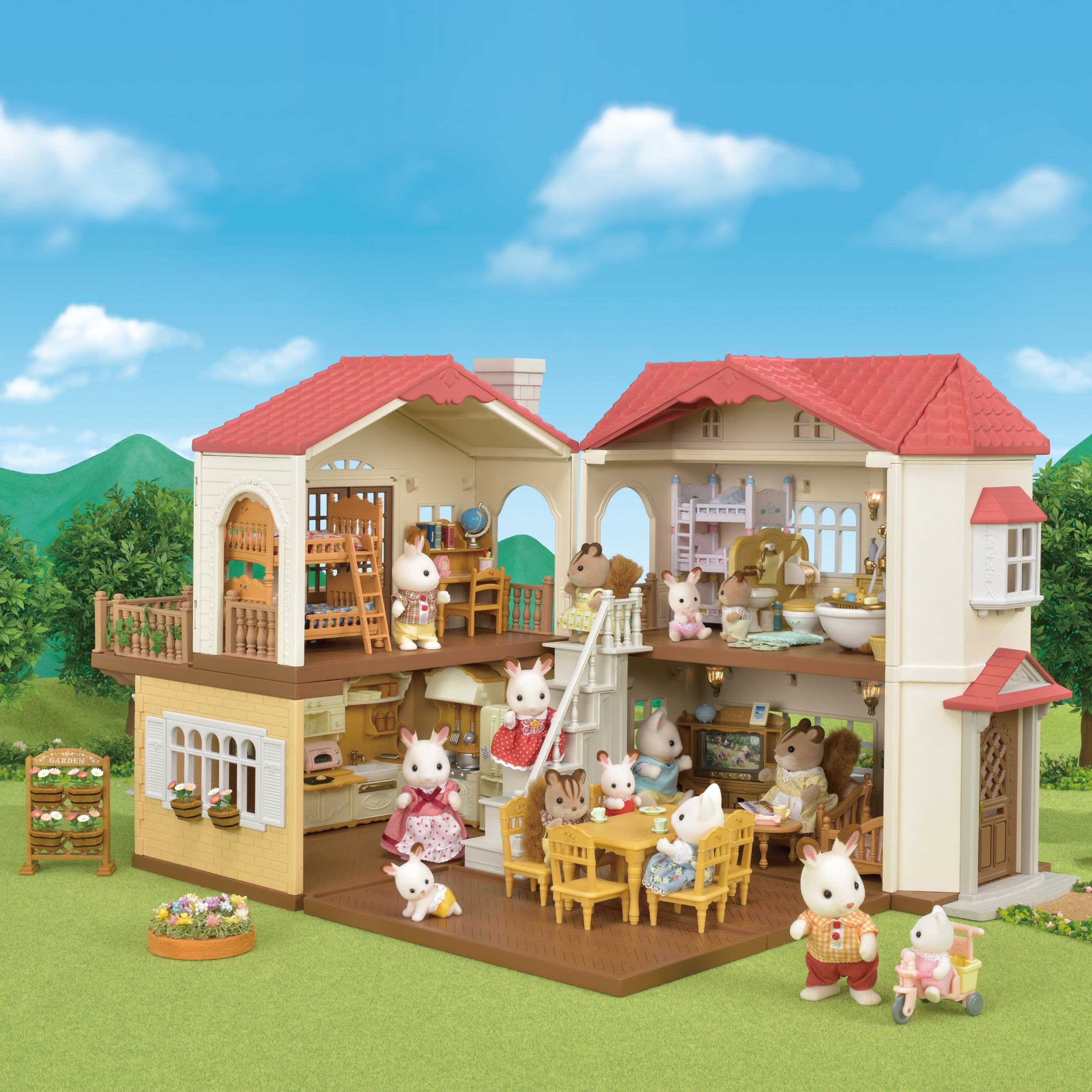 Calico Critters Red Roof Grand Mansion Gift Set, Dollhouse Playset with 3 Figures, Furniture, Vehicle and Accessories