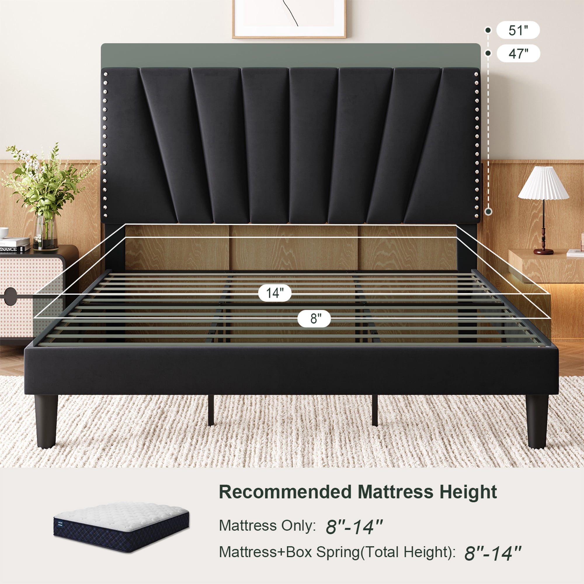Einfach King Size Premium Velvet Upholstered Platform Bed Frame with Adjustable Headboard,Under-Bed Storage,Heavy-Duty Metal Support, Noise-Free Slats, Black