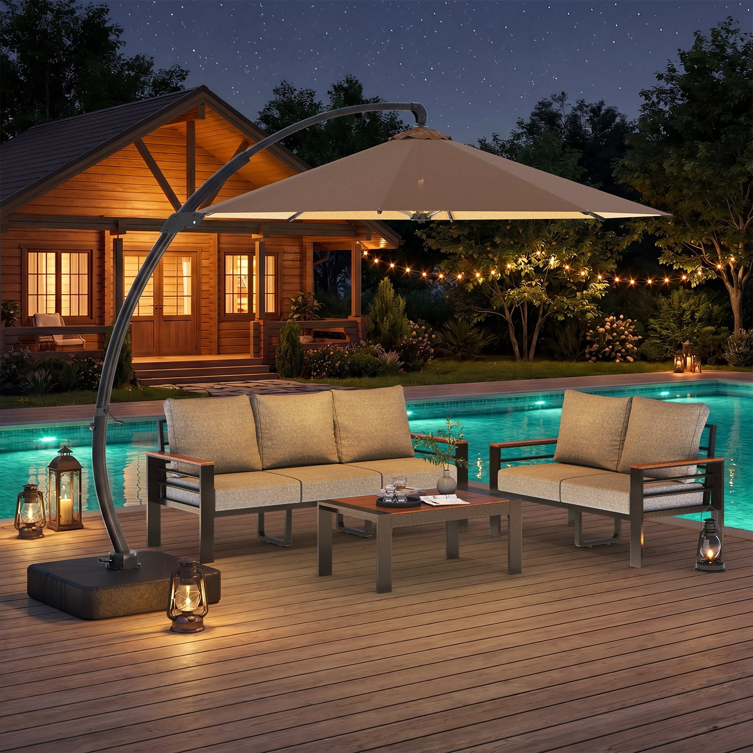 BaPiPro 4-Piece Gray Exposed Tube Outdoor Sofa Set with Off-White 11FT Cantilever Umbrella, LED Lights, 360° Rotation, Weighted Base for Patio & Pool