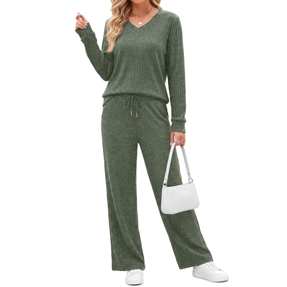 Fantaslook Two Piece Lounge Sets for Women Vacation Travel Fall Outfits V Neck Tops Wide Leg Pants Matching Sets Women Clothing