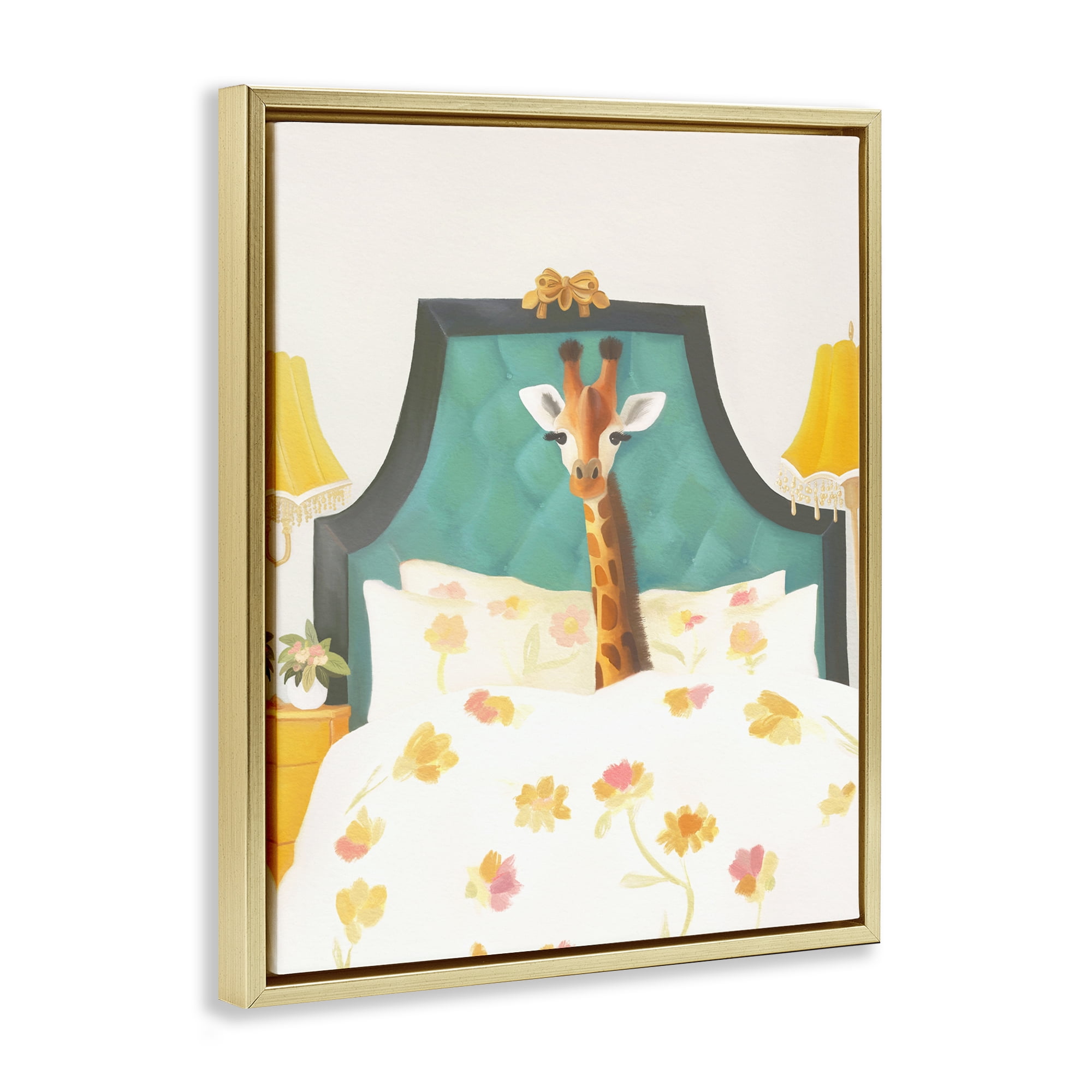 Good Morning Giraffe in Bed Gold Framed Floater Canvas Wall Art, design by Leah Straatsma