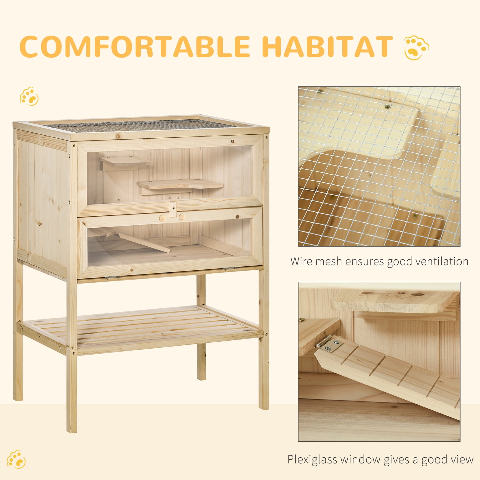 3-Tier Wooden Hamster Cage with Openable Top, Door, Shelf, Natural Wood
