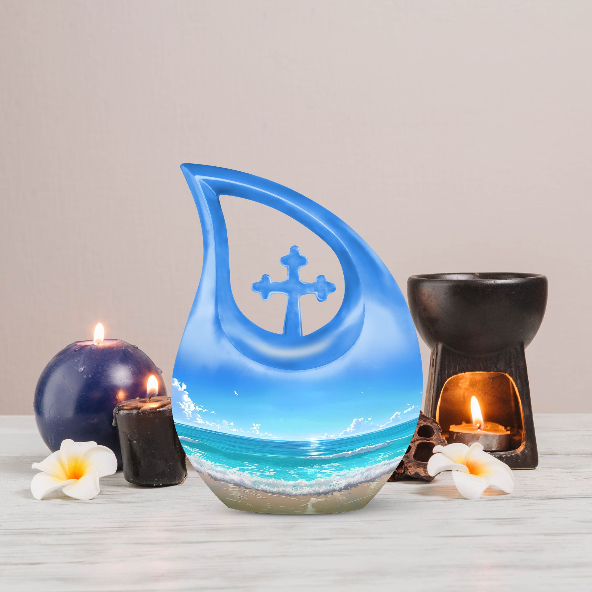 MUKTIVE Beach Memorial Urns for Adult Male, Funeral Urn for Ashes for Women, Combo Sets Blue Cremation Urn for Brother & Sister, Burial Urns for Human Ashes Adult Man,(1 Large 10 ", 4 Keepsake 3 ")