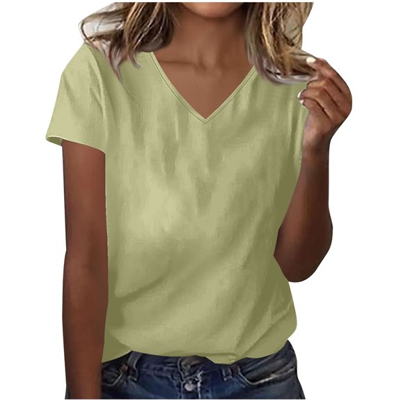DeHolifer Womens T-Shirts V-Neck Solid Color Lightweight Casual Summer Short Sleeve Tee Tops Army Green 2XL