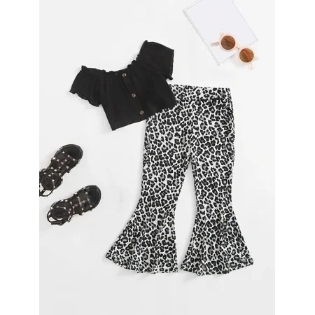 

GEDER-F Girls Casual Trendy Ribbed Cropped Top & Leopard Print Flared Pants Set For Summer