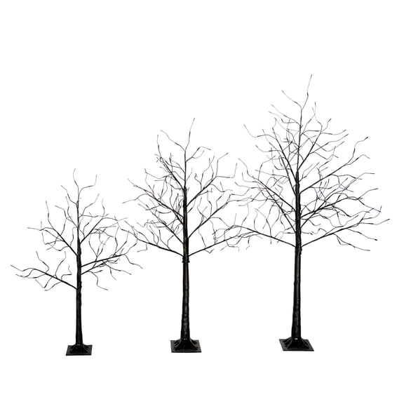 KAAYEE 3FT 4FT 6FT Lighted Bare Black Trees with Purple LED Lights, Adjustable Branches Halloween & Christmas Decorative Trees Set of 3 for Indoor Display, Sturdy Stand Included
