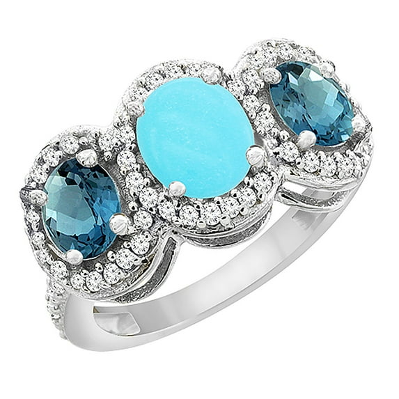 14K White Gold Natural Turquoise & London Blue Topaz 3-Stone Ring Oval Diamond Accent, size 5.5