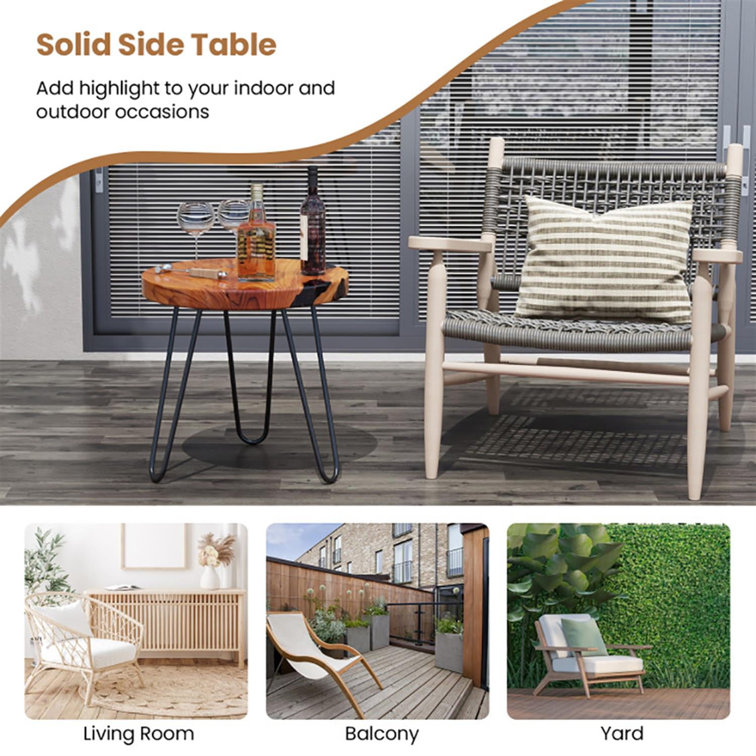 Demi Bonn Solid Live Edge Teak Wood Sofa Side Table, Outdoor Round End Table for Small Spaces, Living Room, Patio, Brown