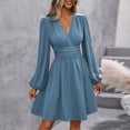 thumbnail image 6 of WTOBBY Women's Fashionable Solid Color V-Neck Long Sleeve Pleated Versatile Dress Lantern Sleeve Detail for Unique Style Flowy Pleats for Movement Wardrobe Essential,Blue XL, 6 of 8