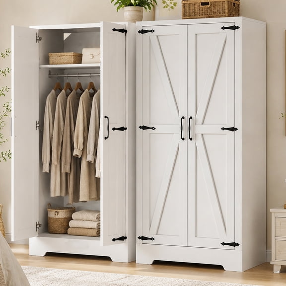 Wood Wardrobe Closet with Shelves,Freestanding Armoire Storage Cabinet for Hanging Clothes,Bedroom Wardrobe with Doors