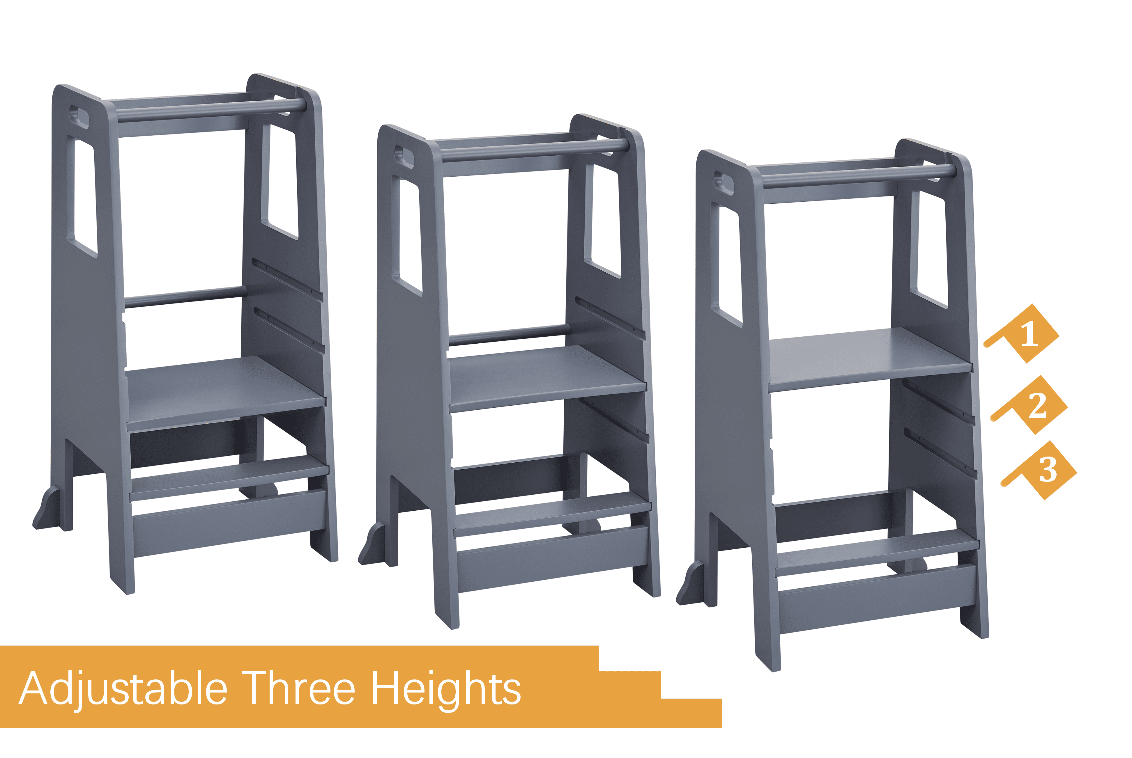Kid's Wooden Kitchen Step Stool, Adjustable Platform Standing Tower with Safety Guardrail Child Studying Tower, Toddler Stool for Bathroom, Cooking Helper