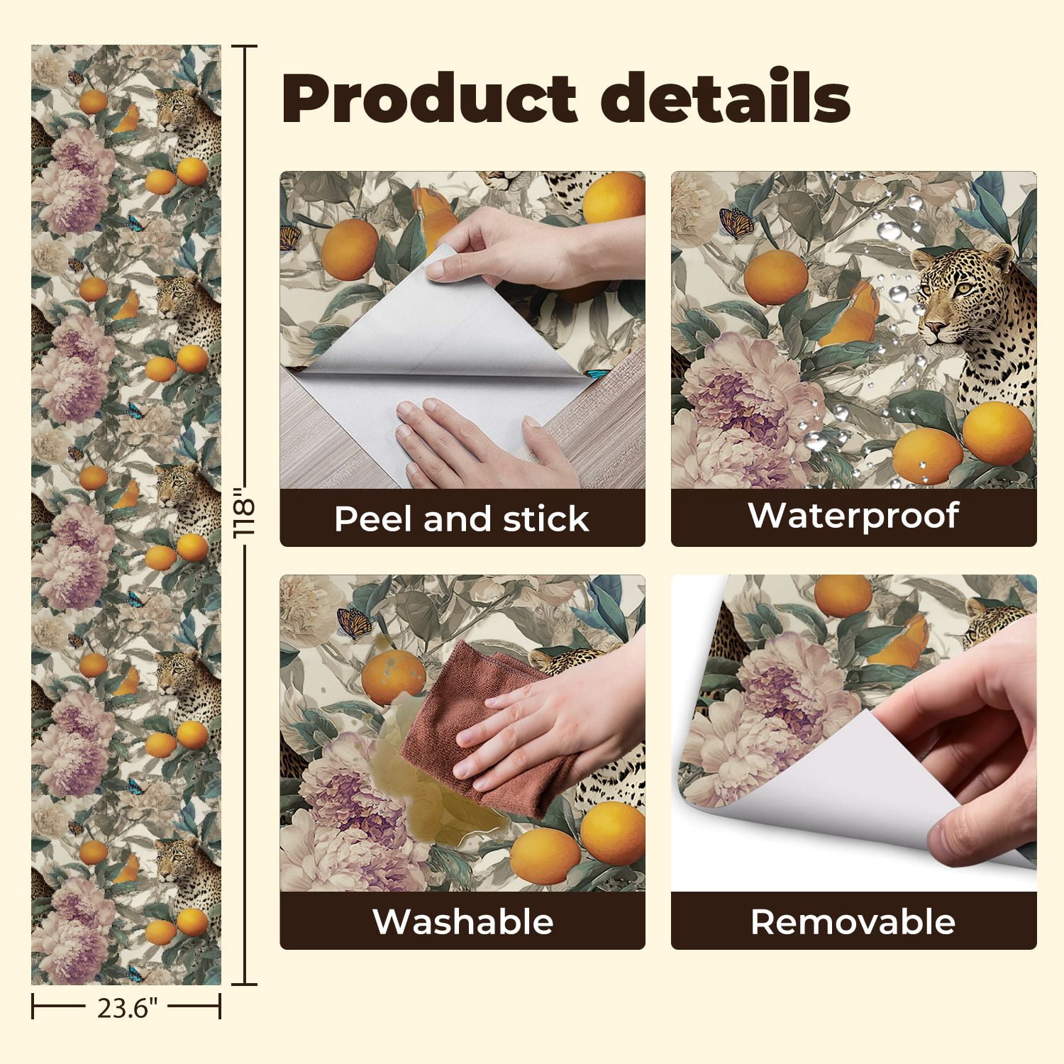Peel and Stick Wallpaper Leopard Butterfly Floral Oranges Peonies Wall Mural 23.6in x 9.8ft Self Adhesive Removable Wall Paper Renter Friendly Wallpaper for Nursery Bedroom Cabinets