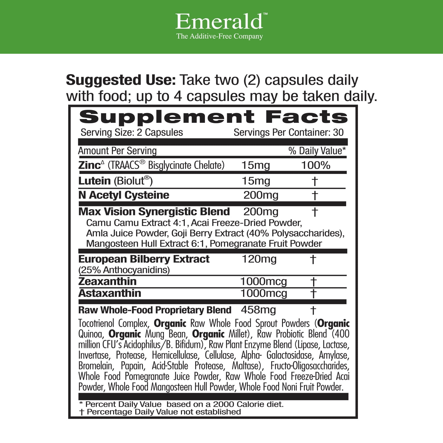 Emerald Labs Vision Health with Lutein and Zinc to Support Macular Health, Retina/Lens Strength, Eye Sensitivity - 60 Vegetable Capsules