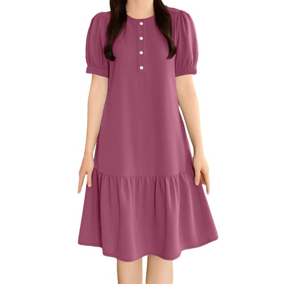 Lenpel Dresses for Women Trendy Button Crew Neck Short Sleeve Knee Length Midi Dresses Casual Loose Ruffle Hem T Shirt Dresses