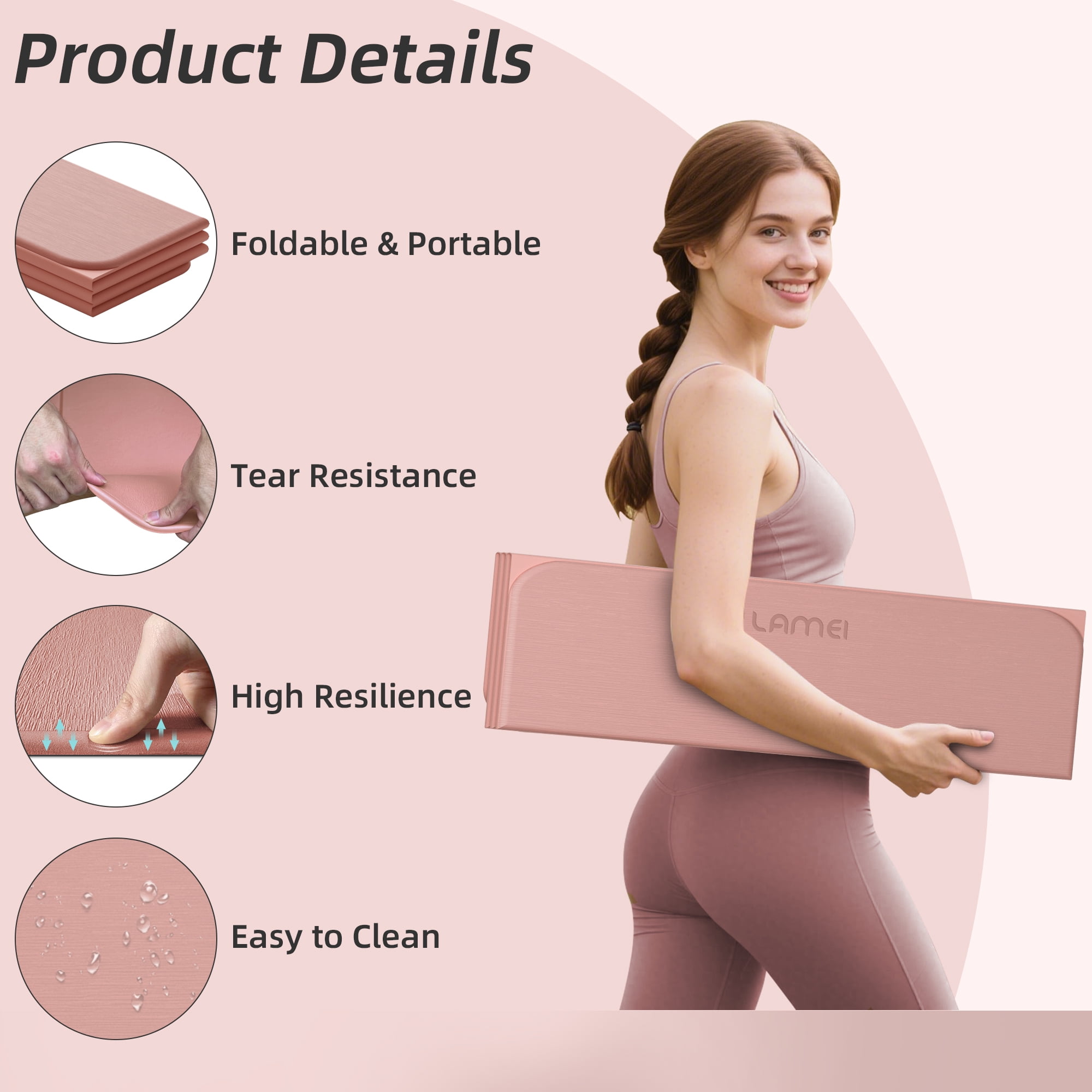 Lamei Foldable Yoga Mat, 31" Extra Wide Non-Slip Exercise Mats for Home Workout, 75" Long, 8mm Thick,Lightweight Travel, Quick Unfold/Fold, Flat Lay No Curl(Pink)