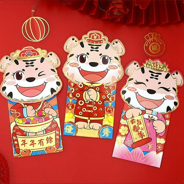3 sobres rojos del zodíaco chino, sobres rojos de Año Nuevo, estampado de animales de tigre de dibujos animados, bolsillos para dinero de la suerte, bolsa de regalo en efectivo para Festival de P
