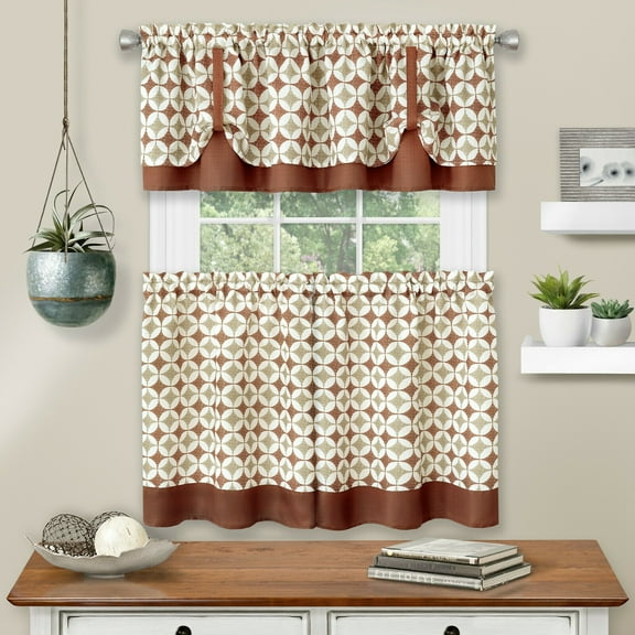 Kate Aurora Modern Geo 3 Pc Kitchen Curtain Tier & Valance Set - Spice, 24 in. Long
