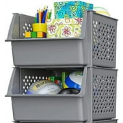 Skywin Plastic Stackable Storage Bins for Pantry - Stackable Bins For Organizing Food, Kitchen, and Bathroom Essentials (Grey, 2-Pack)
