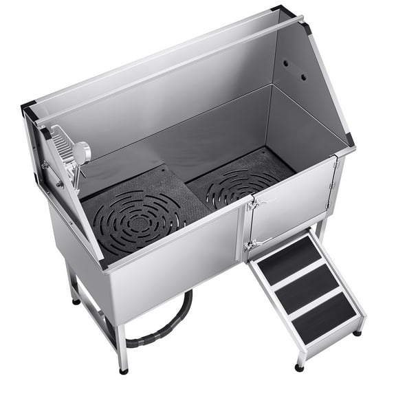 KFFKFF Stainless Steel Pet Grooming Tub, 62 inch Dog Washing Station with Ramp, Water Filter Board, Faucet, Showerhead & Soap Holder for Pets of All Sizes (Right Door)