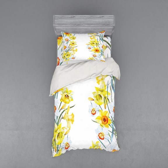 Daffodil Duvet Cover Set, Spring Flowers Composition Meditation for Blossoming Results Natural Print, Bedding Set with Shams and Fitted Sheet, 3 Sizes, by Ambesonne