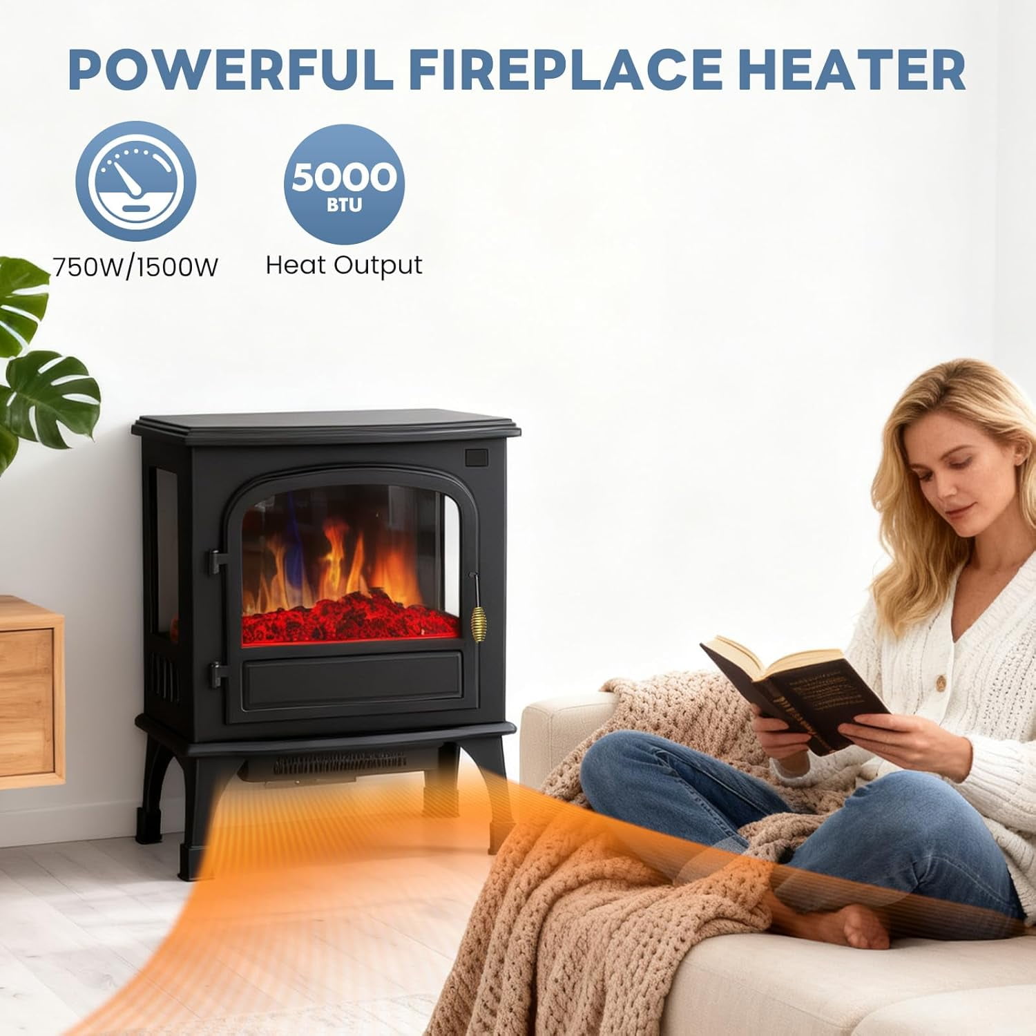26" Electric Fireplace Freestanding Stove, 3D Flame, Remote Control, Adjustable Heat & 12H Timer, Safe & Stylish, Inky