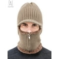 thumbnail image 3 of Gustave 2 In 1 Men Winter Warm Balaclava Beanie Hat with Fleece Lining Zipper Neck Scarf Warmer Ear Protector Knitting Stripes Hat and Scarf Conjoined Set "Khaki", 3 of 9