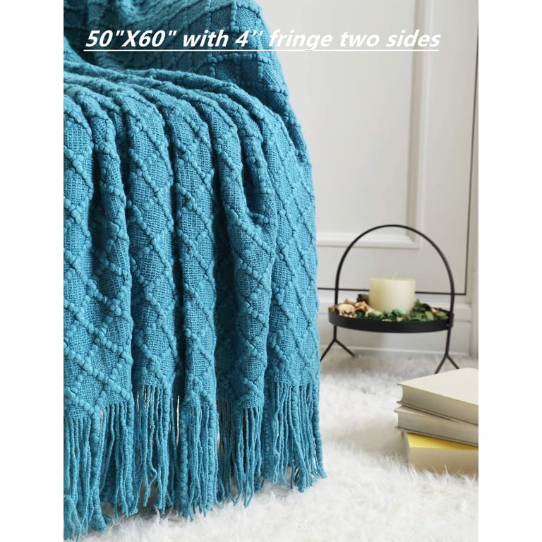 KASENTEX Chenille Throw Blanket Queen Size - 90x90 Inches, Light Blue, Lightweight & Soft With Fringe Tassels