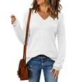 thumbnail image 3 of Womens 2025 Fall Casual Long Sleeve Ribbed Knit V Neck Light-Weight Crochet Pullover Sweater White M, 3 of 7