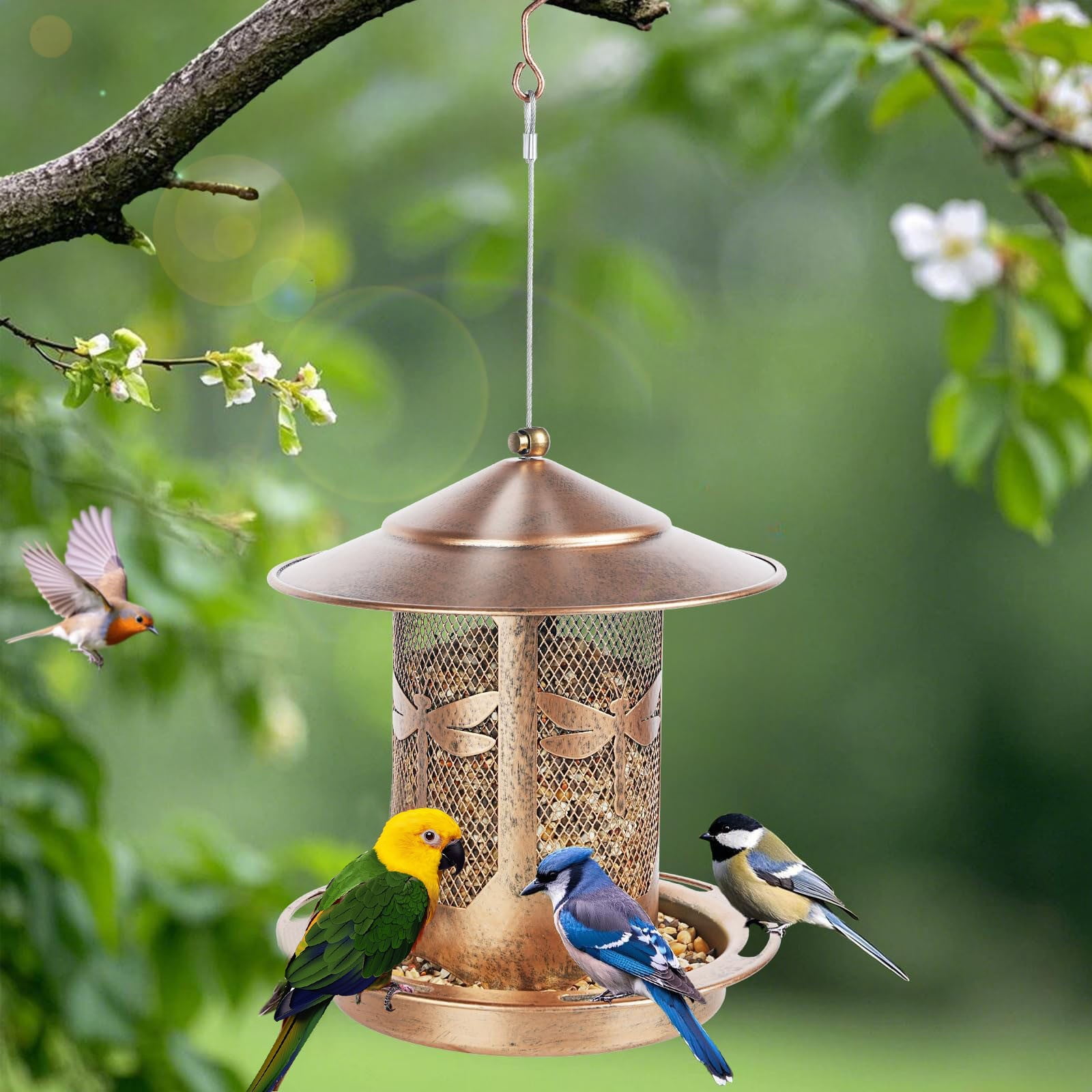ERTZAE Metal Squirrel-Proof Hanging Bird Feeder,Outdoor Hanging Bird Feeder,2Lbs Capacity Wild Bird Feeder,Pattern Garden Drainage-Tray Bird Seed Feeder,Easy-Clean Stainless Steel Bird Feeder B