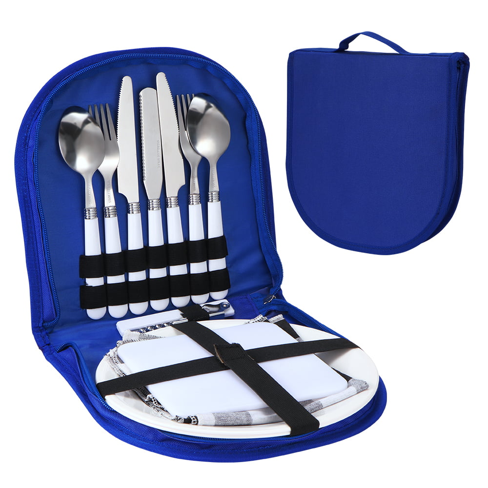 Picnic Kit Wallet Stainless Steel Travel Utensils with Plates&Cutlery Set for 2 
