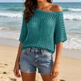 thumbnail image 4 of Lenpel Knitted Cover up for Women One Shoulder Asymmetric Neck 3/4 Sleeve Hollow out Sweater Tops Casual Loose Beach Vacation Clothes, 4 of 5