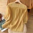 thumbnail image 4 of MIXUE Womens Summer Tops Solid Color Embroidery Round Neck Long Sleeve Retro Loose Tshirts Streetwear,Yellow,M, 4 of 9
