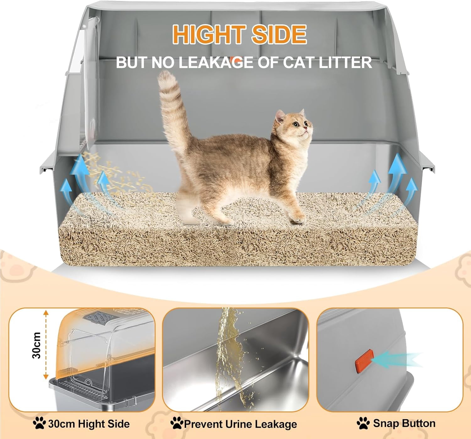 Kalolary Stainless Steel Cat Litter Box with Lid, Enclosed Removable Metal Litter Tray for Large Cat with High Sided Enclosure, Scoop, Pedal, Anti-Leakage, Non-Sticky, Easy Cleaning (Grey)