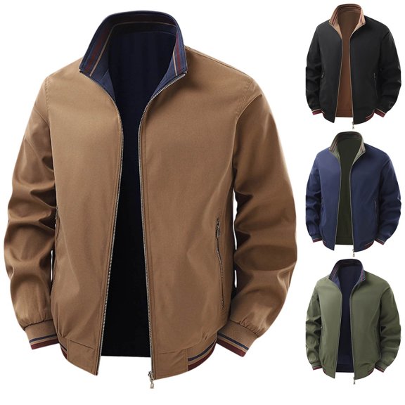 PNTUTB Jacket for Men Full Zip Stand Collar Long Sleeve Coat Solid Color Casual Comfort Fall Winter Windproof Outwear with Zipper Pocket