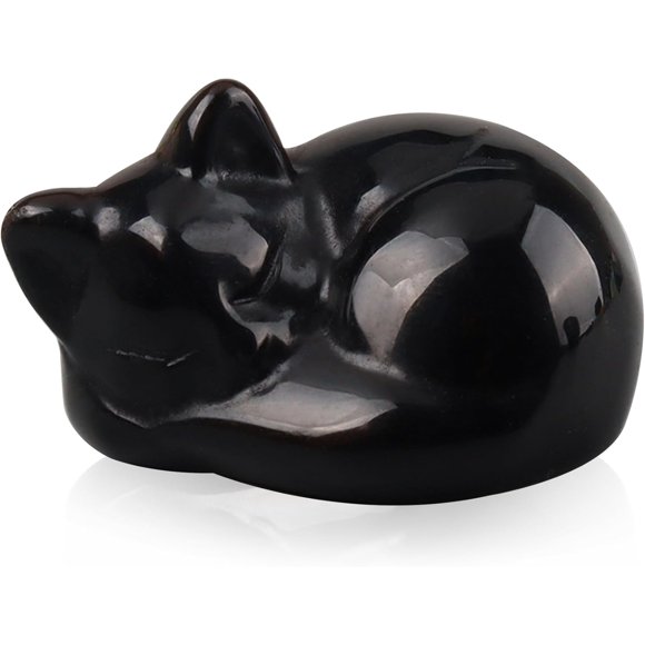 Black Obsidian Sleeping Cat Statue Decor, Healing Crystal Cat Figurines, Cat Gifts for Women, Cute Desk Decor, Cat Sculpture Office Decor, Lucky Kitten Decoration for Cat Lover (Black)