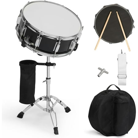 14 x 5.5 inches Snare Drum Set  Marching Snare Drum Kit for Students Beginners Comes with Stand Sticks Key Bag Mute Pad and Adjustable Straps (Black)