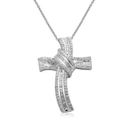 - 1/2 Carat T.W. Baguette and Round Diamond Sterling Silver Cross Pendant, 18