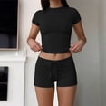 thumbnail image 4 of Chbgutlmr 2 Piece Sets for Women Casual Summer Fitted Outfits Short Sleeve Crew Neck Crop Tops Drawstring Shorts Comfy Basic Plain Set, 4 of 6