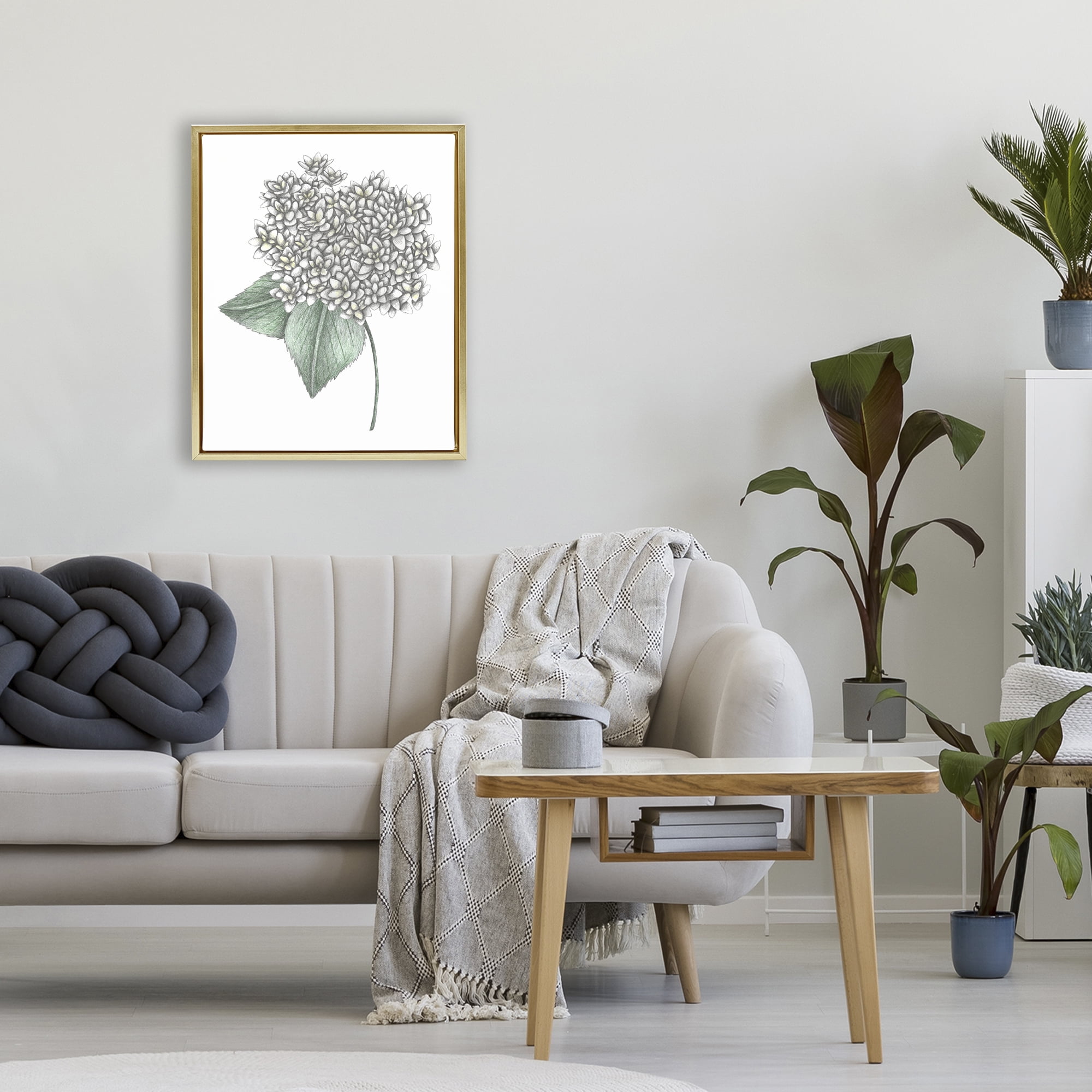 White Hydrangea Sketch Blossom Gold Framed Floater Canvas Wall Art, design by Cecilia Battaini