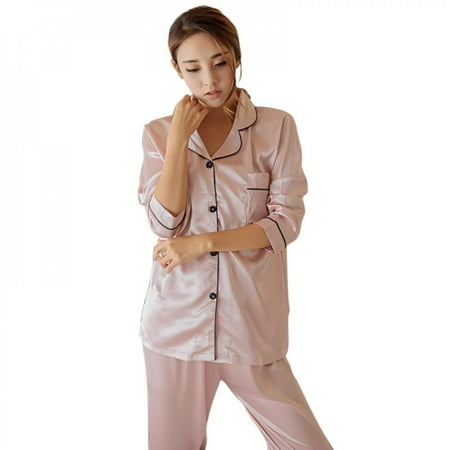 

Merotable Women s Sexy Sleepwear Striped Lapels Button Silk Satin Home Service Long Sleeve Two-piece Pajamas Suit