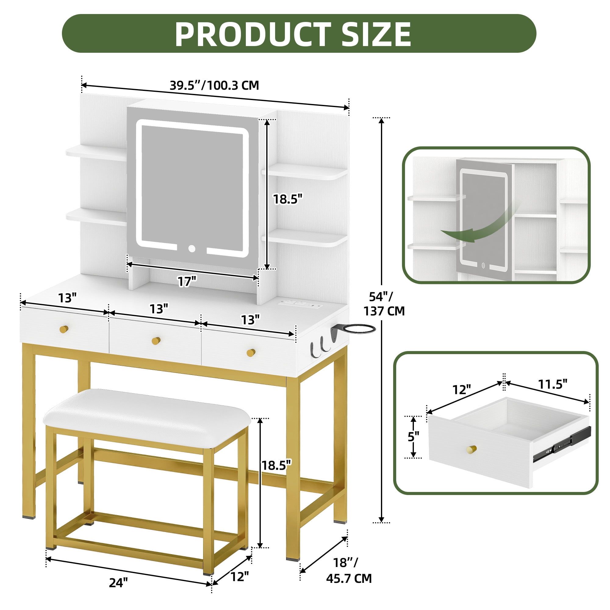 Uforic 39-Inch White Vanity Desk with Dimmable LED Mirror, Padded Stool, and Storage for Modern Bedrooms