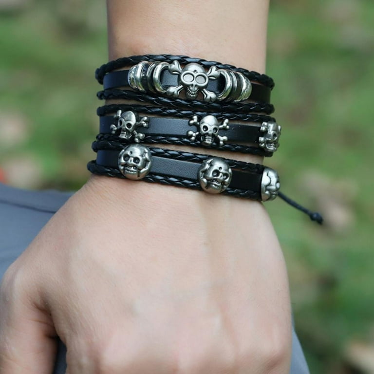 Gothic Punk Charms Leather Bracelet Bangle Wide Cuff Women Men Wristband  Jewelry 
