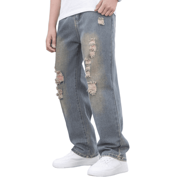 TIREOW Teen Boys Trendy Y2K Ripped Jeans Straight Wide Leg Denim Pants Fashionable Casual Loose Fit Daily Streetwear Denim Trousers